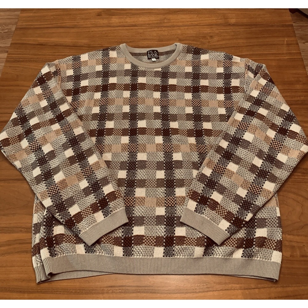 Vintage Jos A Bank Sweater Mens XL Tan Checkered Windowpane Texture Cotton USA